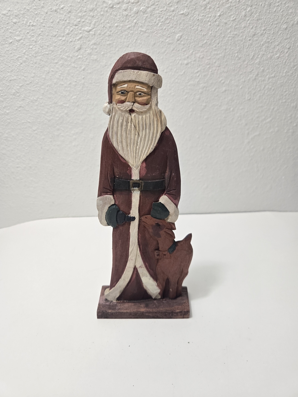 Vintage - Style Primitive Folk Art Wood - Carved Santa Figurine with Reindeer